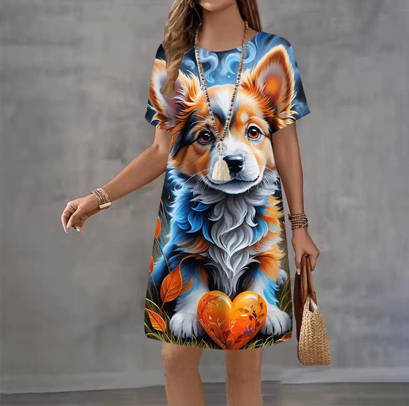 Modna letnia sukienka z nadrukiem 3D, luźna, casualowa, z krótkim rękawem, z okrągłym dekoltem, mini