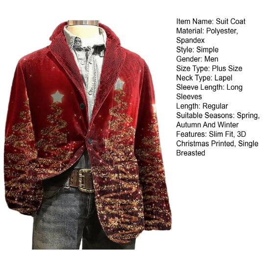 Anzugmantel Cord Winterjacke Slim Fit Einreiher Anzugjacke Revers Langarm 3D Weihnachten Themenprint Oberbekleidung