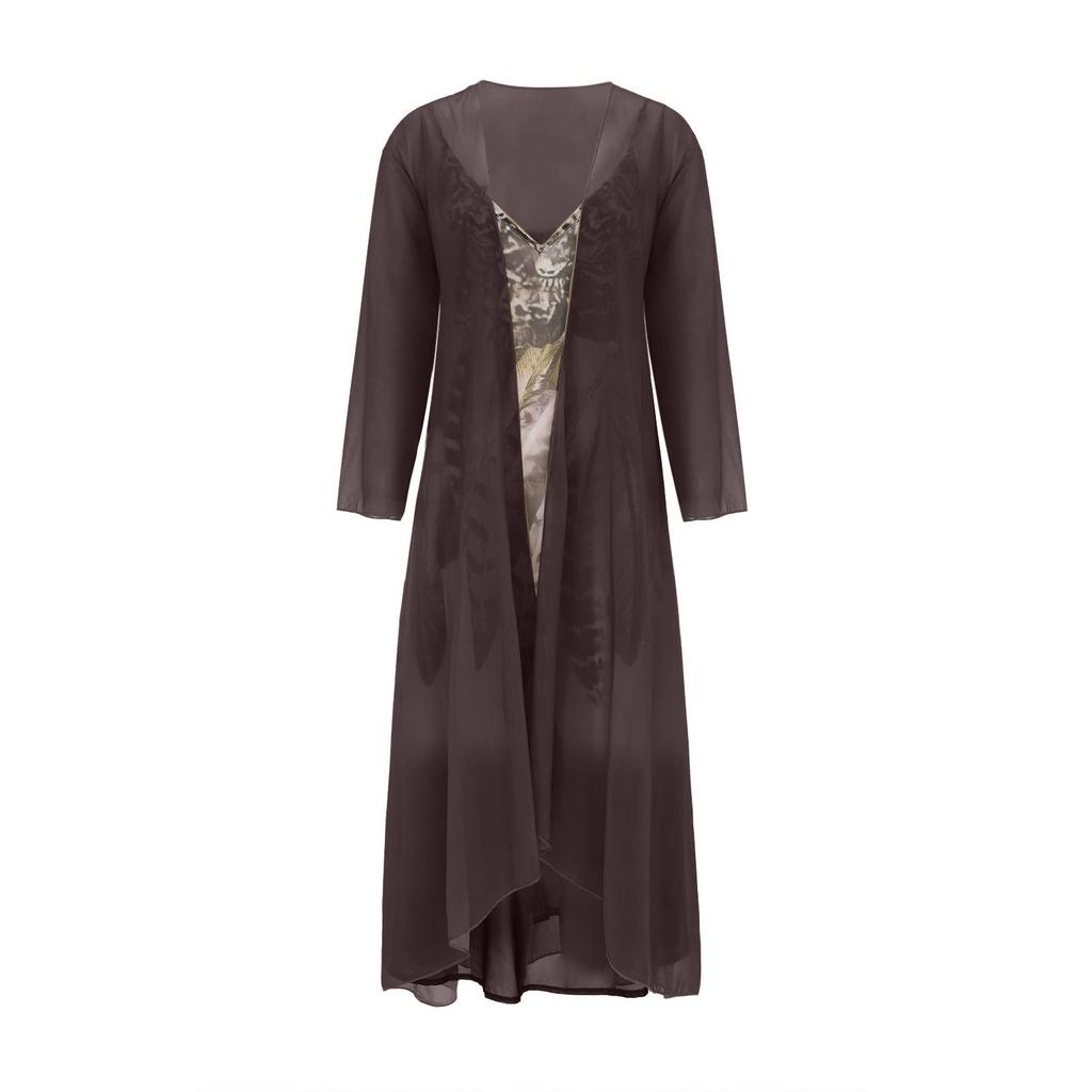 Women's Summer Casual Fashion Chiffon Coat V Neck Printed Camisole Two-Piece Dress