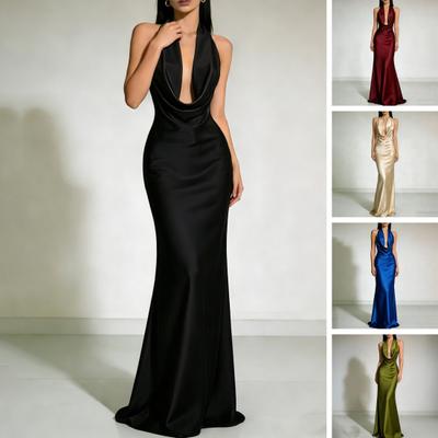 Jijijing Women Sexy Backless Maxi Dress, Deep V Neck Sleeveless Halter Satin Long Formal Evening Party Mermaid Gown