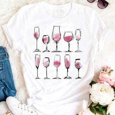 Womens Fashion Wine Glass Print Trendy Womens Base Layer Halfsleeved Womens Wear Shortsleeved Women Tshirt for Summer