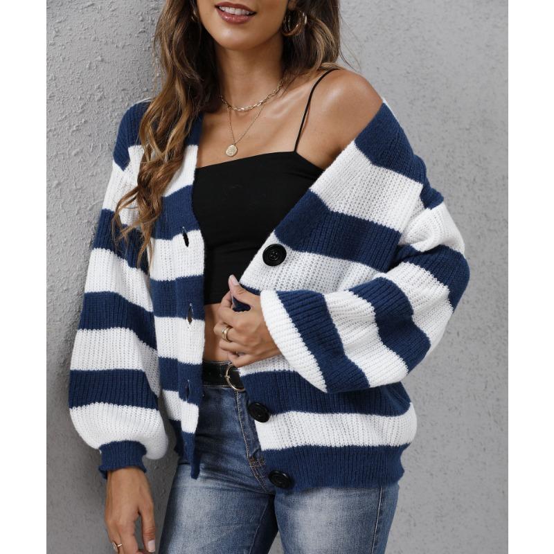 Cardigan de Toamnă/Iarnă pentru Femei, Dungi Contrastante, Nasturi, Patchwork, Pulover Tricotat