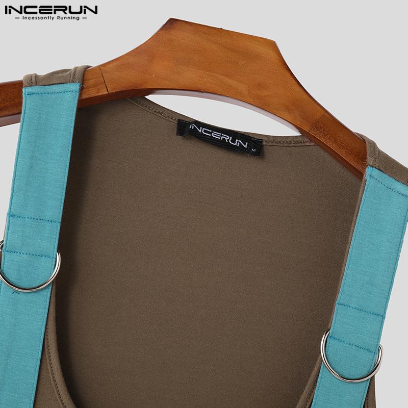 INCERUN Mens Summer Sleeveless Patchwork Strap Solid Color Casual Tank Tops