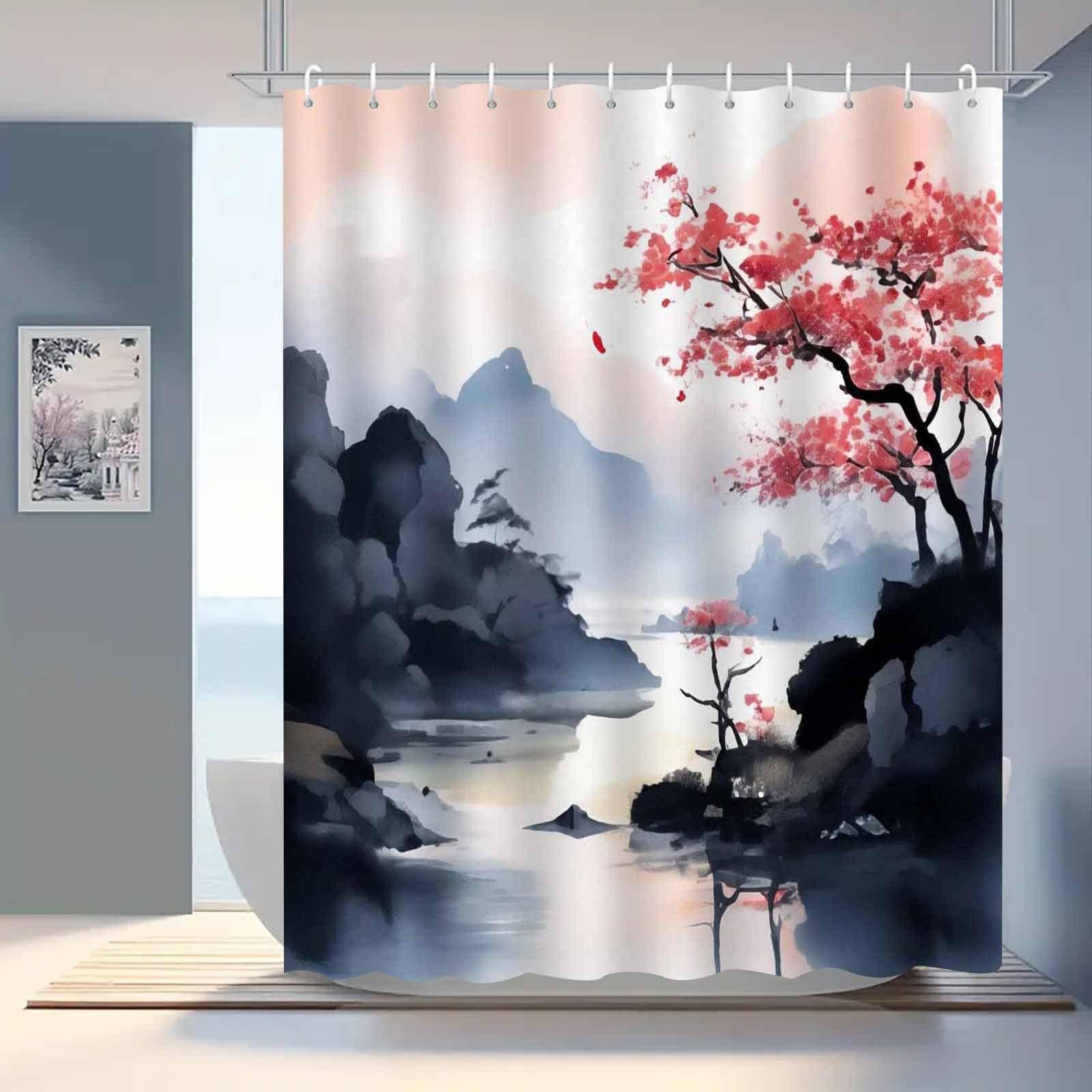 

1pc Ink wash landscape pattern shower curtain - made of polyester, machine washable, suitable for bathroom decoration. 90X180cm