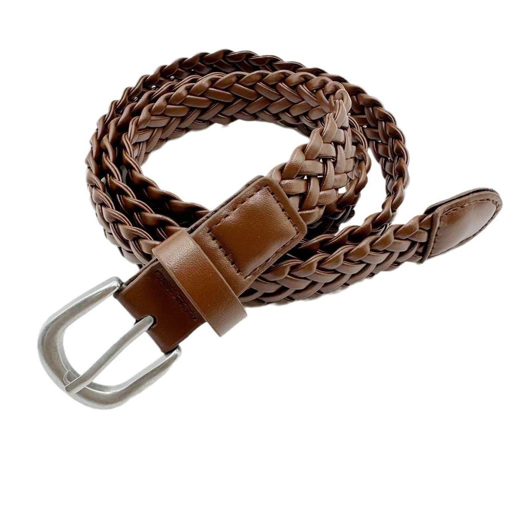 Women's Retro Brown Braided Leather Belt with Silver Needle Buckle - Versatile for Jeans and Casual Wear
