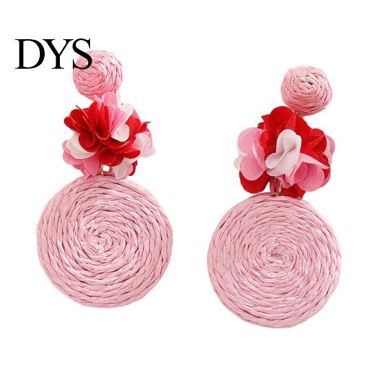 Handmade Boho Jewelry 1 Pair Raffia Flower Earrings for Women, Rattan Lightweight Woven Round Drop Dangle Earrings, Straw Summer Beach Vacation