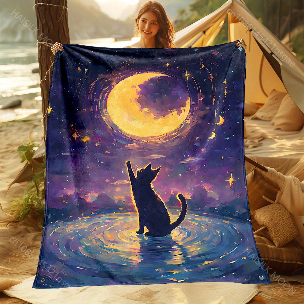 Cat reaches moon reflection Print Adult Children Warm Blankets Home Travel Car Soft and Comfortable Suitable for all seasons
