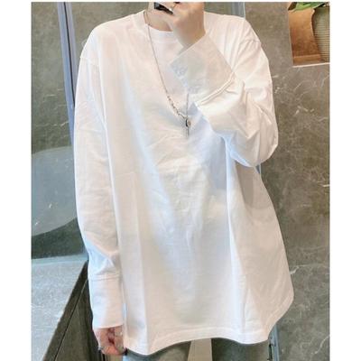 Lente en Herfst Nieuw Wit T-shirt Dames Lange Mouw Middellange Katoenen Top Basis Shirt