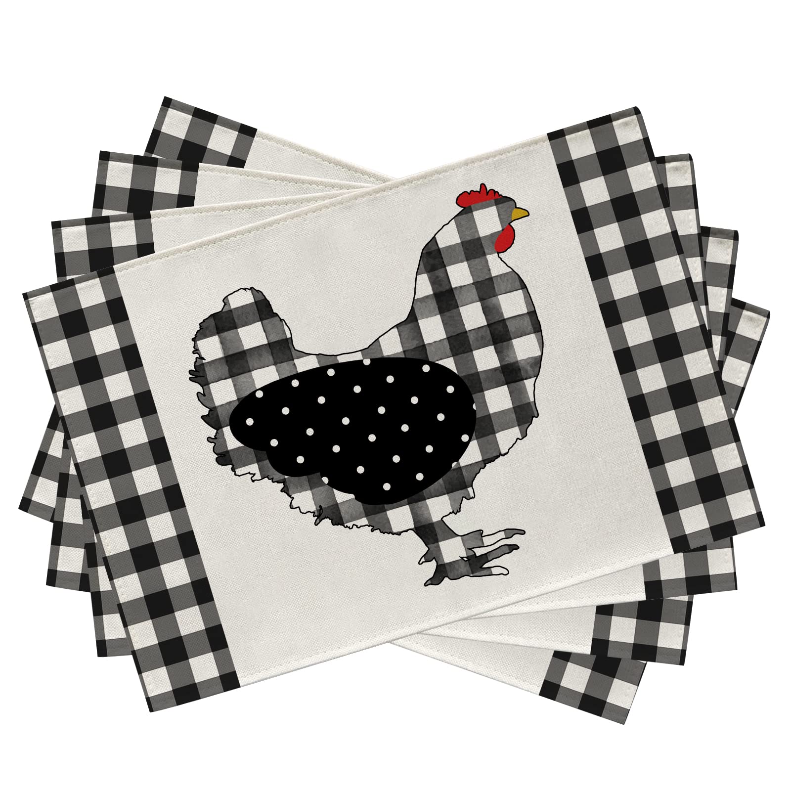 

Chicken Hen Placemats Set of 4, Eggs Buffalo Plaid Polka Dots Farm Dining Table Place Mats, Spring Farmhouse Rustic Kitchen Decor Home Decorati 4Pcs-12 X18