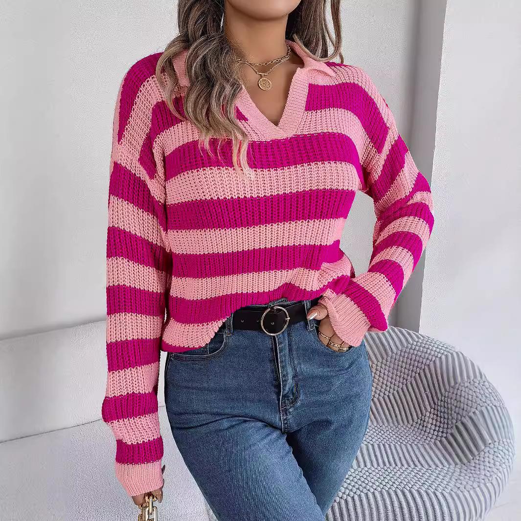 

Женский джемпер с лацканами, v-образным вырезом, рукавом-фонариком, полосатый вязаный пуловер с цветными блоками, свитер, вязаный пуловер, топы, трикотаж M розовый