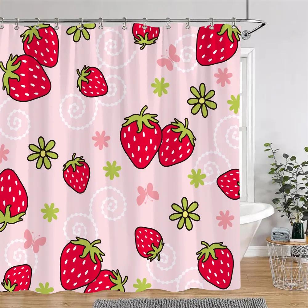 Třešeň Jahoda Citron Broskev Ovocný Potisk Sprchový Závěs Polyesterová Tkanina Dětské Koupelnové Závěsy Koupelnová Dekorace S Háčky