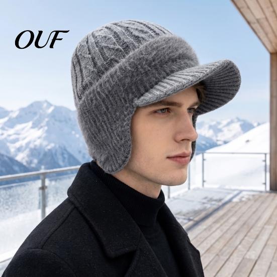 Warm Stretchy Visor Cap Winter Hat with Brim And Ear Flaps, Fleece Lined Knitted Hat, Sports for Hiking Fuzzy Men, Cold Weather Outdoor Cycling