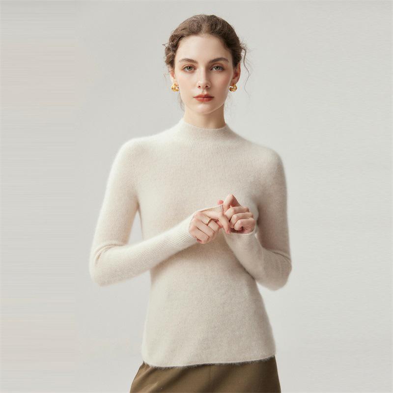 Pure Cashmere Ribbed Half-High Collar Knit Top