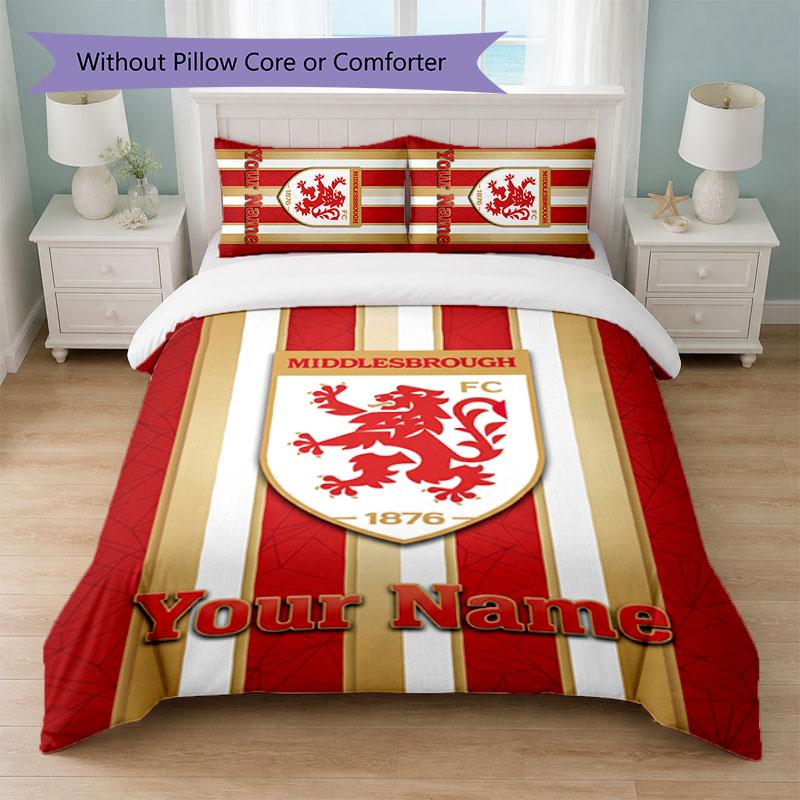 Set Biancheria da Letto Personalizzato Middlesbrough FC con Nome Testo 1 Copripiumino + 2 Federe Logo Calcio Regalo Personalizzato per Occasioni Speciali Decorazione Camera da Letto