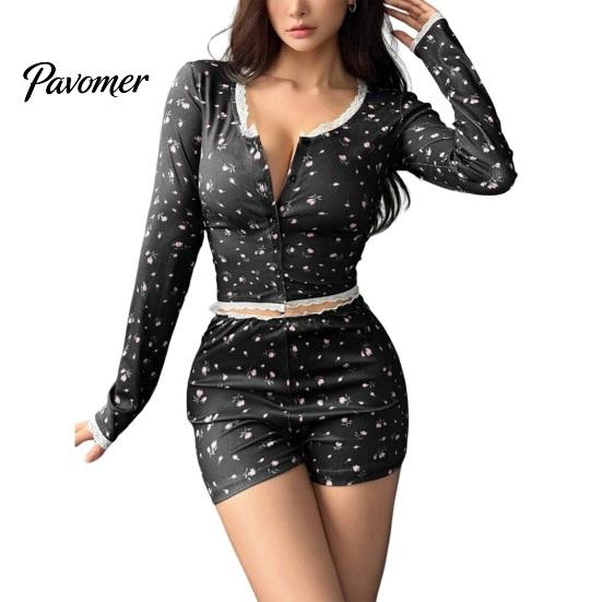 Long Sleeve Pajama Top Women Sexy Lace Trim Floral Set, V Neck Cozy Party Outfit And High Waist Shorts, Two Piece Sleepwear for Home Leisure