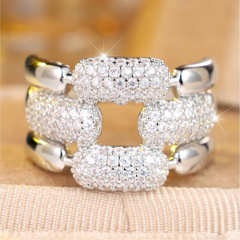 Luxury Gold Silver Color Cubic Zirconia Chain Link Ring for Women Daily Party Wedding Jewelry Gift