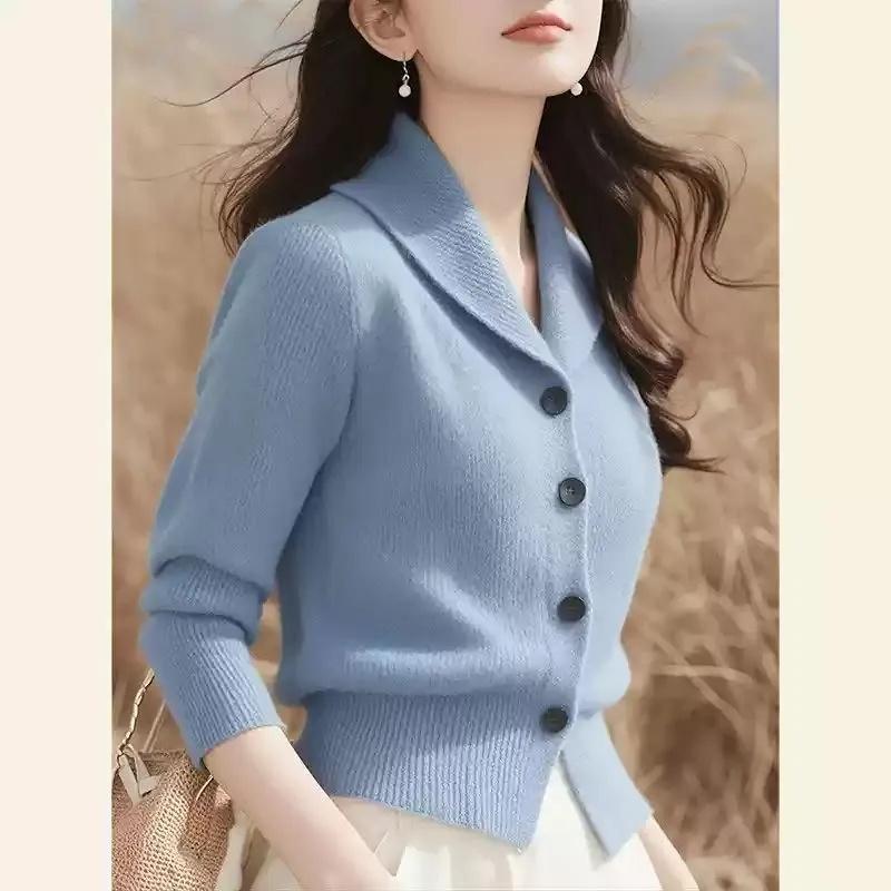 Spring Autumn Turndown Collar Women Knitt Cardigan Sweater Fashion Korean Version Female Knitwear Tops