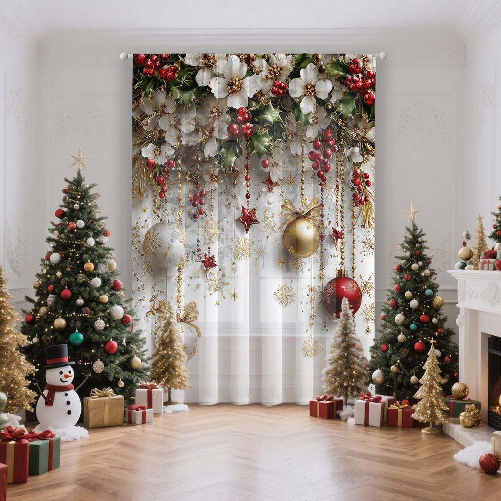 Christmas Curtain Door Floral Design Lightweight Breathable Semi Transparent Polyester Material Suitable Living Room Bedroom Home Office Holiday