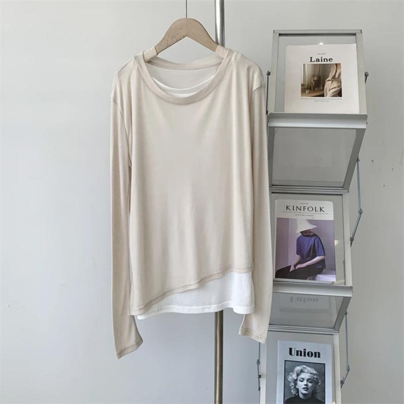 Pullovers Tops Winter Women Long Sleeves Shirt Faux Two-piece Padded Blouse Oversized Solid Color Loose Pullover Tops