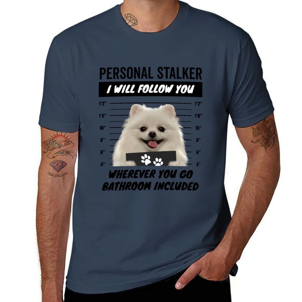 Personal Stalker Dog White Teacup Pomeranian Tshirt Casual Minimalist Short Sleeve Top