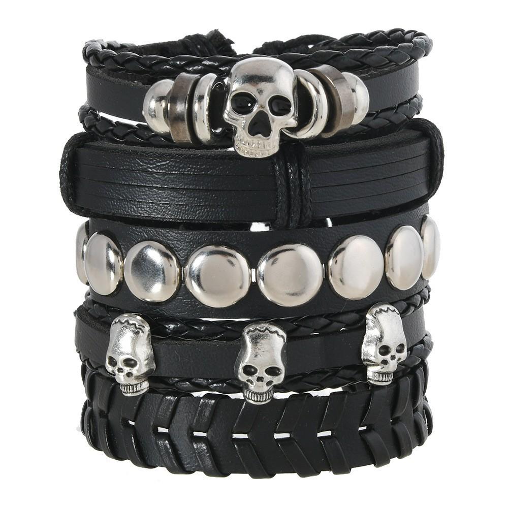 Alloy Men's Bracelet, Multi-layered Leather Skull Bangle, Viking Bracelet