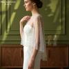 Two Colors Pearl Beaded Sheer Tulle Cape Shrug, Asymmetric Long Back Train Mesh Cover Up Round Neck for Strapless Wedding Bridal Evening Gown