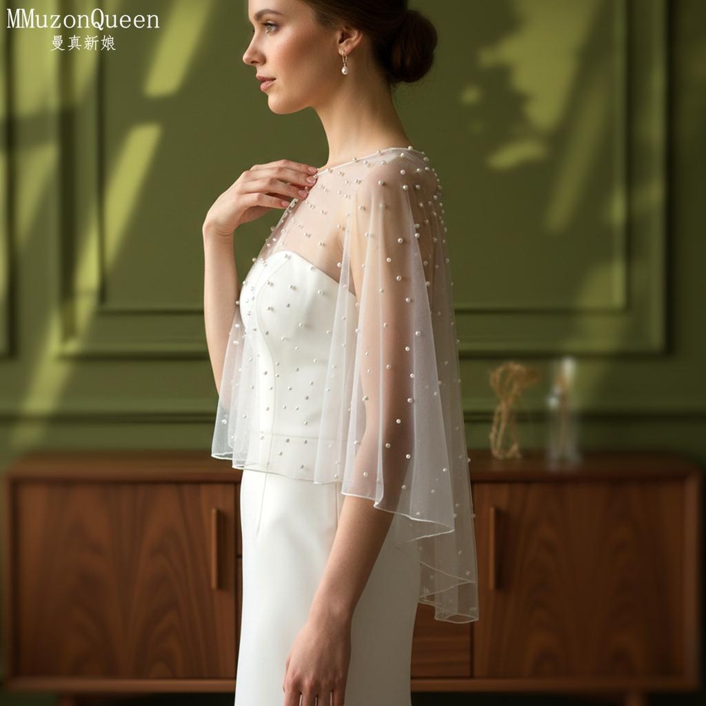 Two Colors Pearl Beaded Sheer Tulle Cape Shrug, Asymmetric Long Back Train Mesh Cover Up Round Neck for Strapless Wedding Bridal Evening Gown