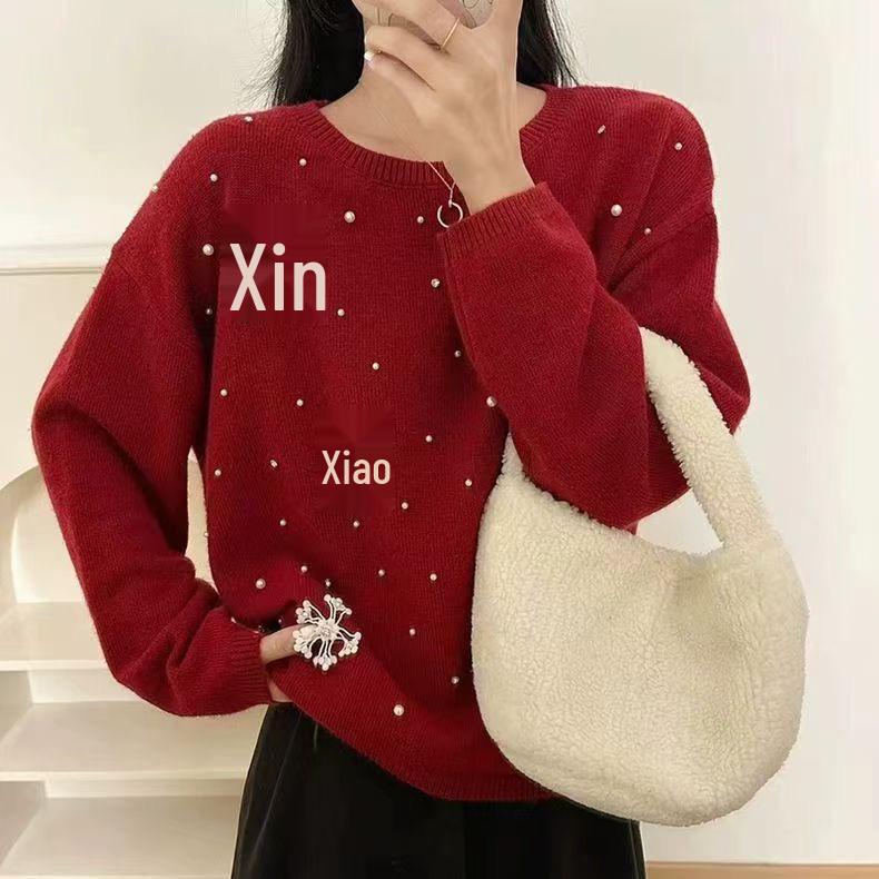 Women's Round Neck Beaded Knit Sweater - Loose Fit, Autumn/Winter Outerwear