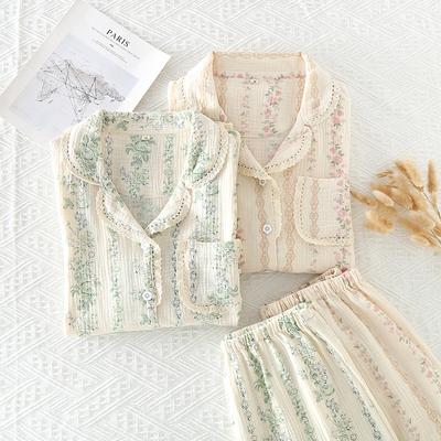 Spring and Autumn Women's Pajamas Long Sleeve Long Pants 2 Piece Set of 100% Cotton Ladies Crepe Home Furnishing Set