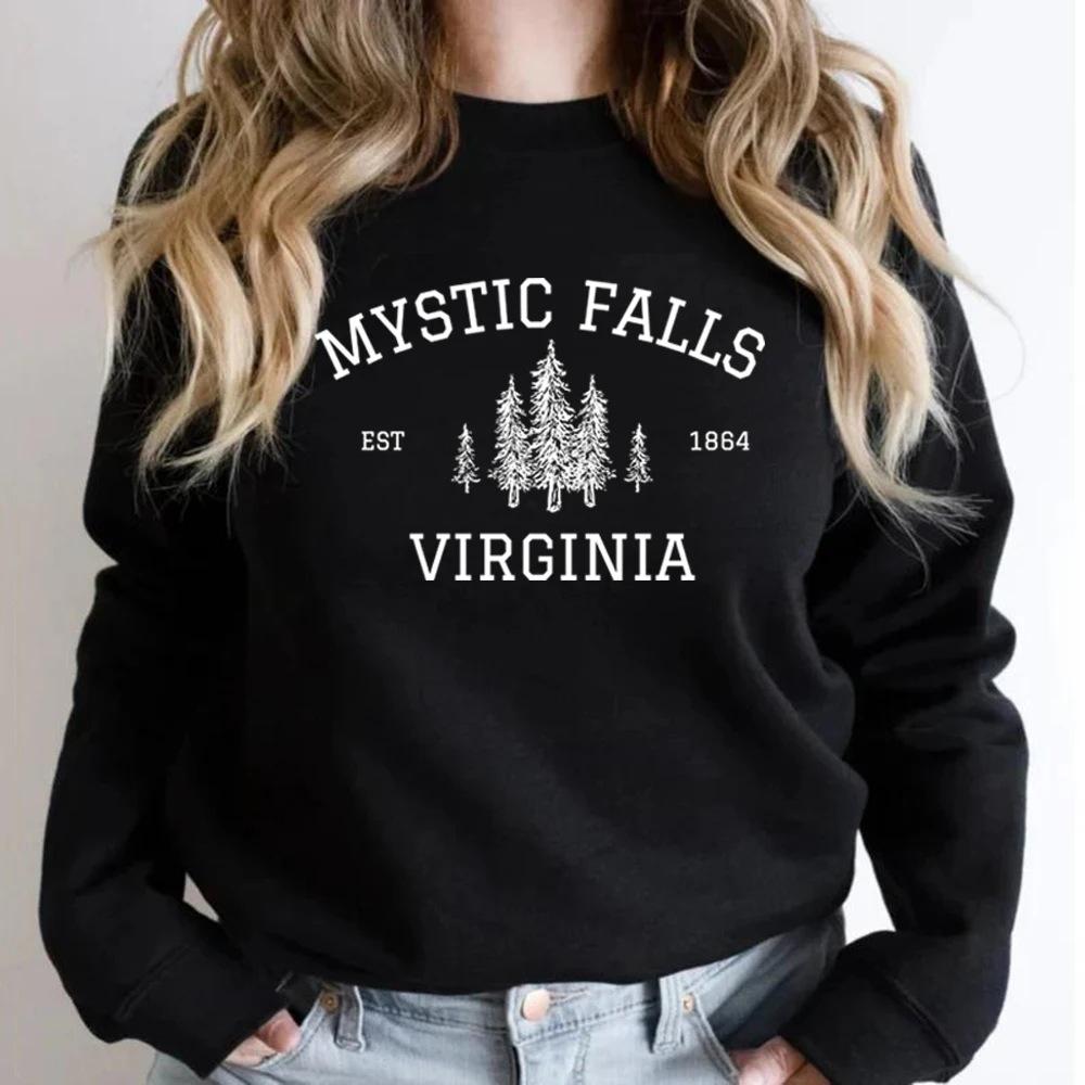 

Mystic Falls Женская осенне-зимняя модная толстовка с цифровой печатью, круглым вырезом, заниженной линией плеч, длинным рукавом S чёрный