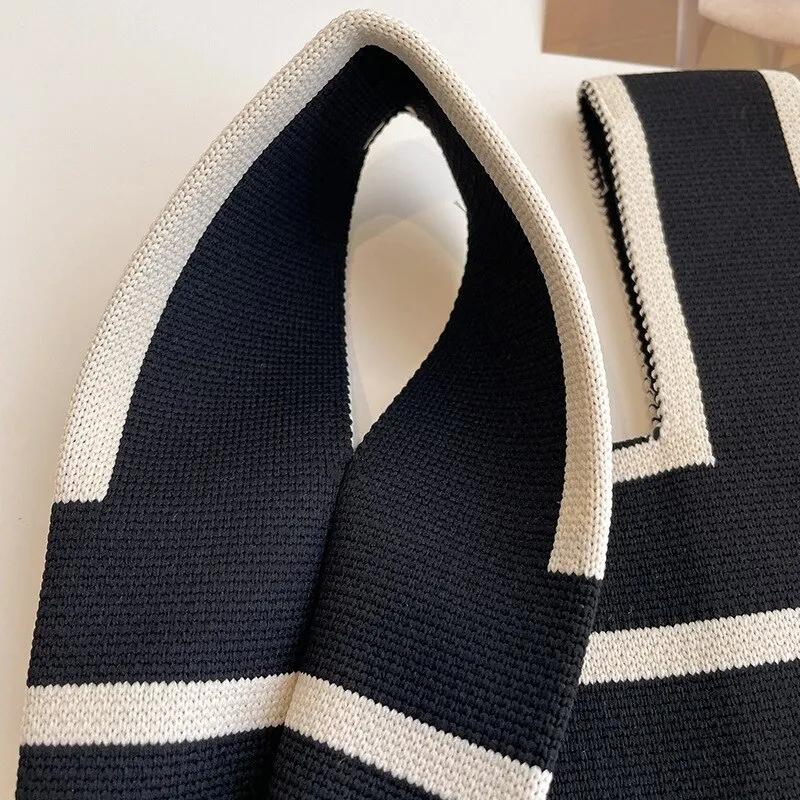 Handmade Knit Handbag Women Mini Knot Wrist Bag Fashion Casual Color Wide Stripe Plaid Tote Bag