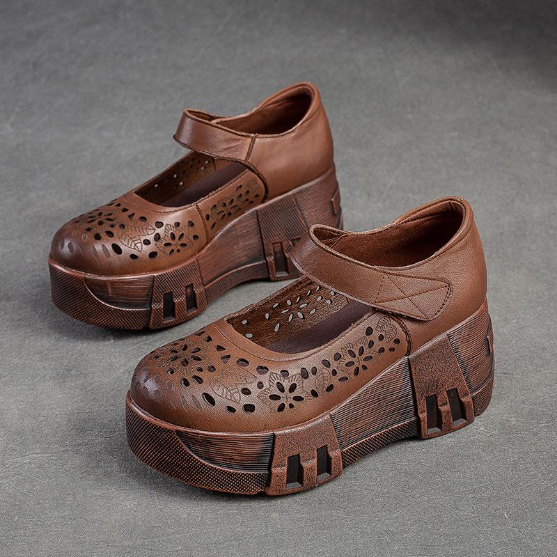 Johnature Zapatos de plataforma con punta redonda y suela gruesa para mujer, sandalias de cuña caladas cómodas Vintage de cuero genuino