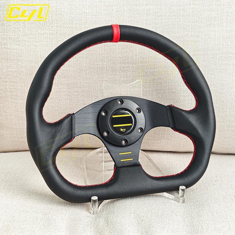 JDM D Shape Red Stitching Leather Steering Wheel Flat Dish Racing Sports Gaming Steering Wheel