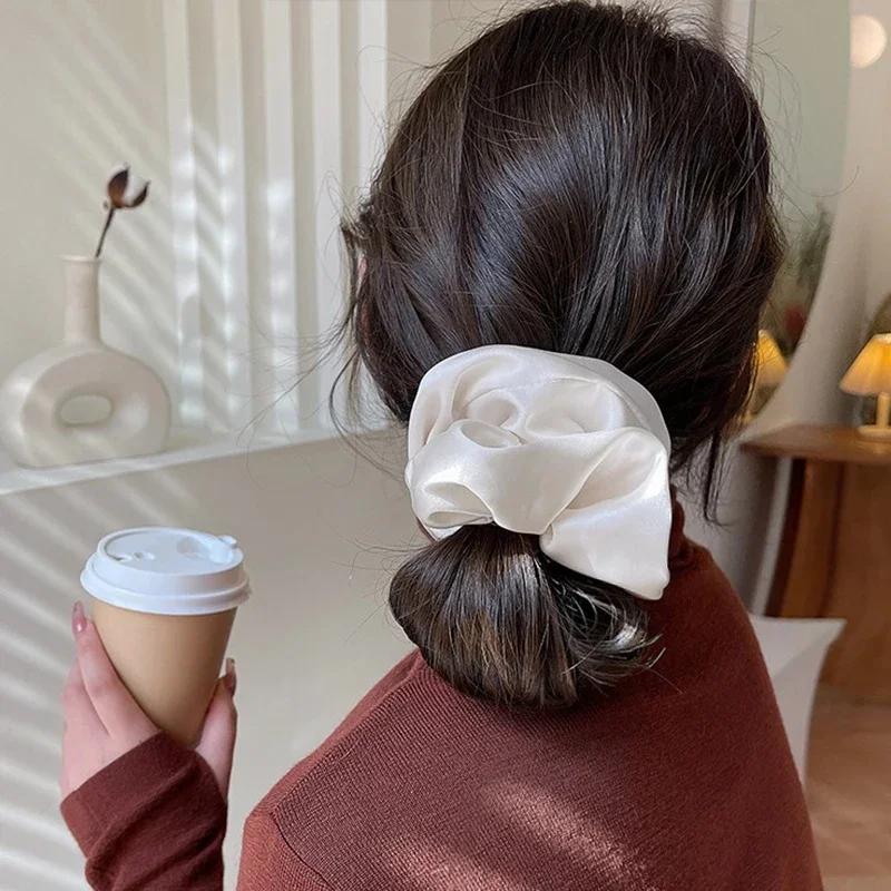 Newest Woman Big Elegant Silk Elastics Hair Band Solid Color Scrunchies Hair Ties Ladies Ponytail Hold Hair Accessories
