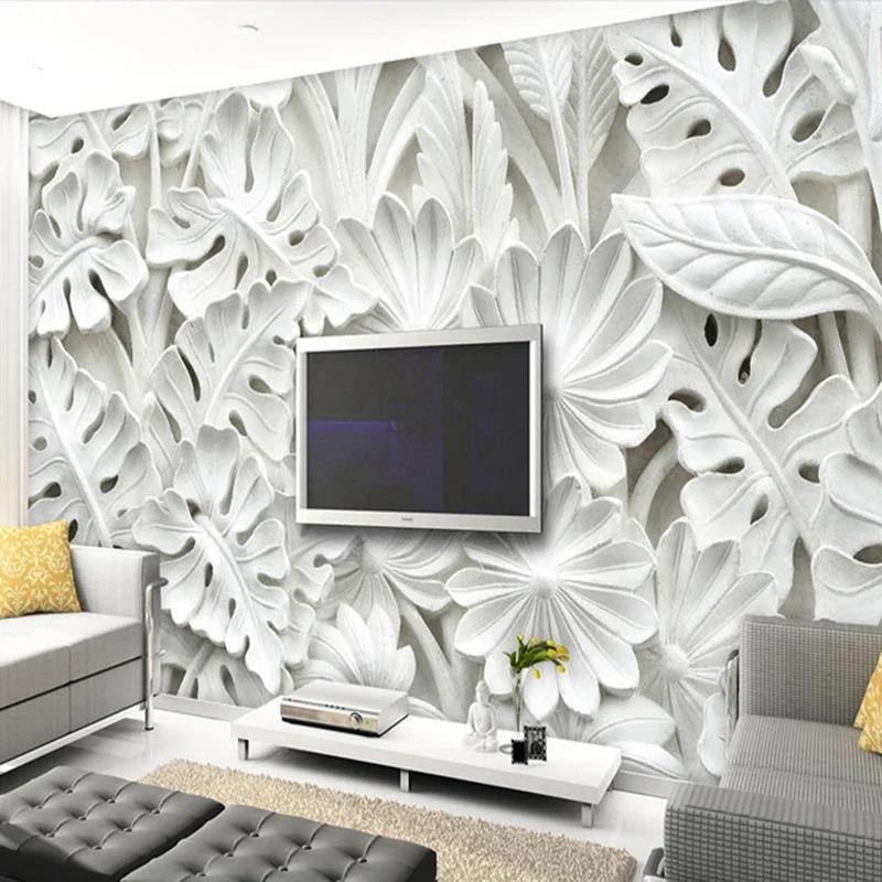 3D Stereo Leaf Pattern Plaster Relief Custom Mural Wall Paper Living Room TV Background Wall Painting Wallpaper Home Decoration