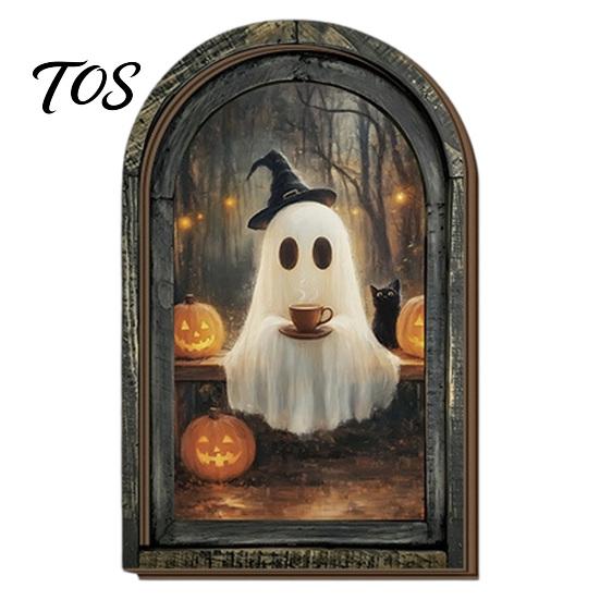 Solid Wood Picture Frame Halloween Vintage Arch Wooden Sign, Gothic Spooky Ghost Wall Hanging Decor Dark Academia with Bracket, Rustic Aesthetic Home