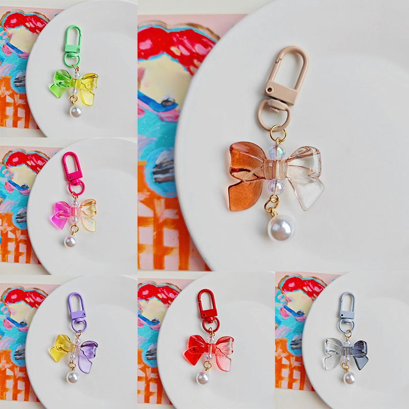 

Gradient Bow Pearl Keychain Colored Car Keyring For Women Girls Handbag Mobile Pendant Headphone Case Accessories Jewelry