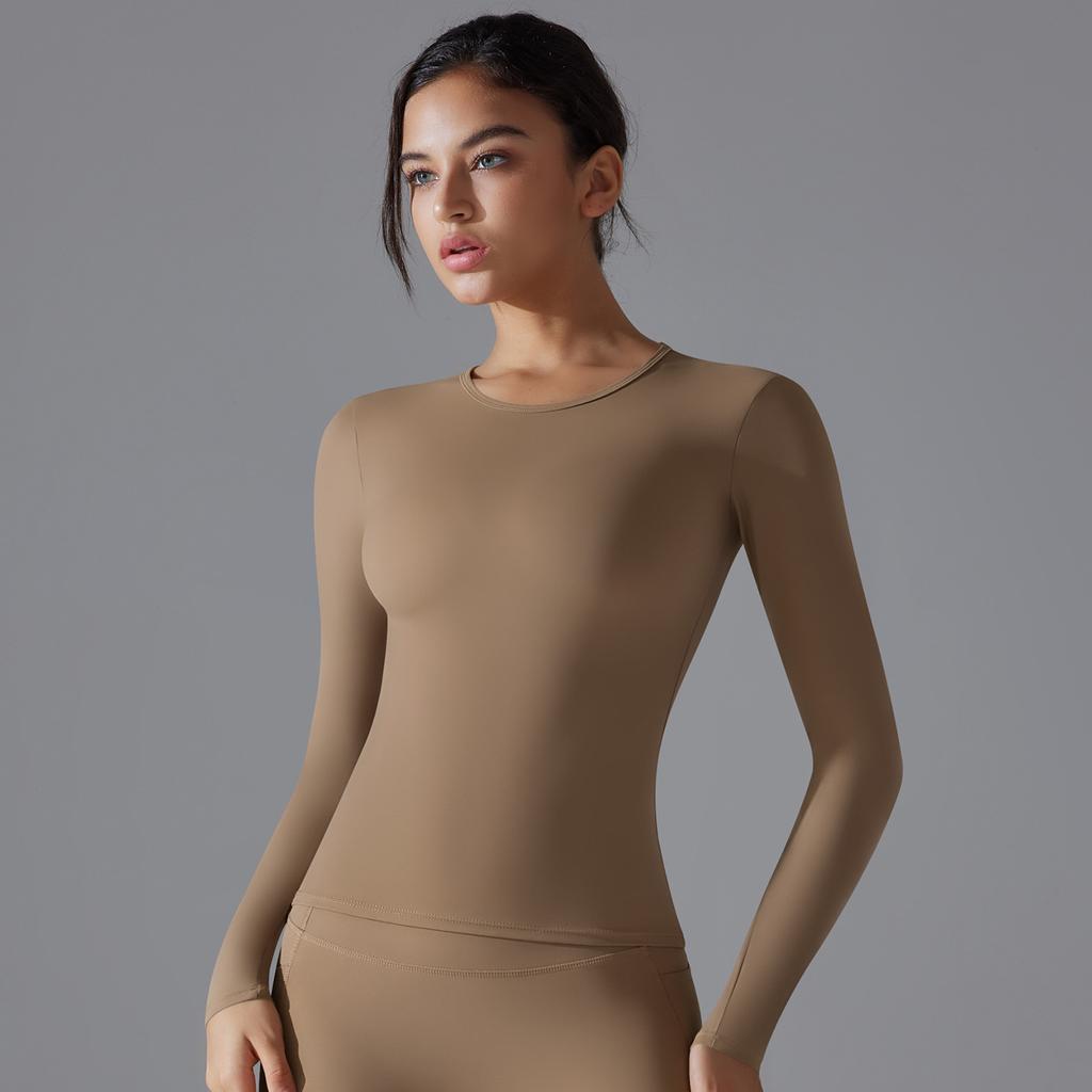 New Double-sided Brushed Solid Color Long Yoga Suit With Long Sleeves, High Elasticity And Breathability For Sports Running