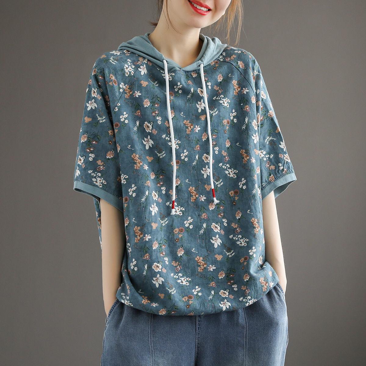 

Женская футболка в стиле ретро с капюшоном и короткими рукавами, тонкий и универсальный свободный пуловер с цветочным принтом 2XL синий