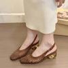 French Temperament Square Head Braided Bag Head Comfortable Sandal Spring and Summer New Fashion Crystal Single Shoes Dark Brown