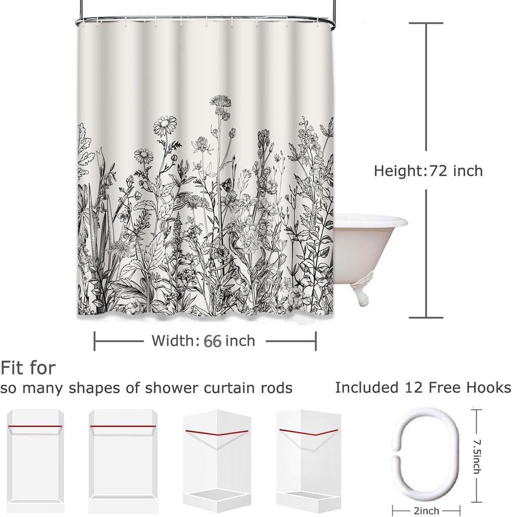Duschvorhang floraler Rand Kräuter und Wildblumen Pflanzen Vintage Gravur hellgrauer Hintergrund schwarzer Polyesterstoff