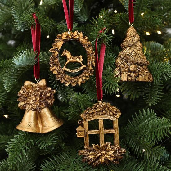 Resin Holiday Decoration Retro Golden Christmas Tree Ornament, Bell Wreath Horse Stocking Window Classic Ornaments Locomotive Pinecone Hanging Decor,
