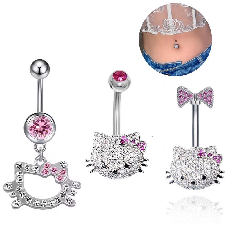 Cartoon Cute Hello Kitty Shiny Zircon Belly Button Ring For Women Sexy Body Jewelry Navel Piercing Beach Party Accessories Gift