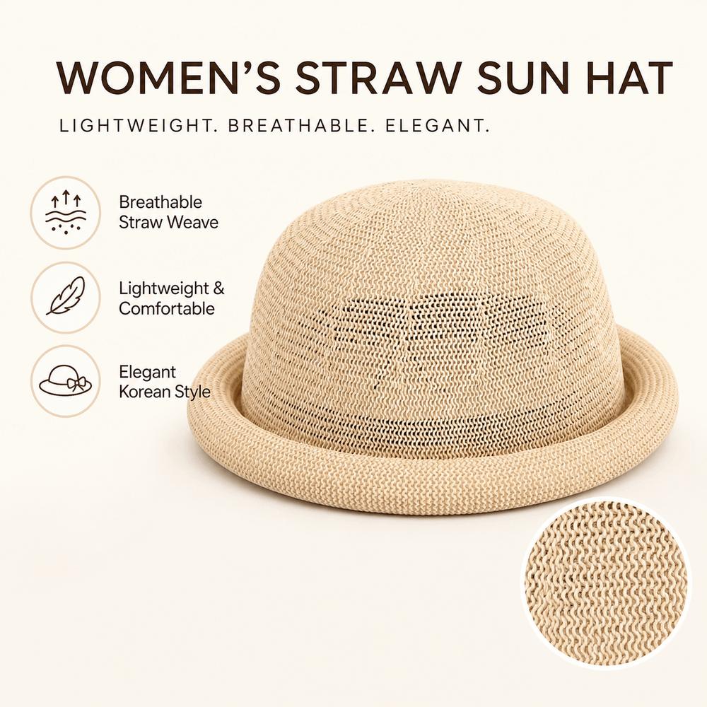 Raffia Weave Straw Sun Hat Short Brim Sun Visor Hat Elegant Roll Brim Hat  Spring Summer Season