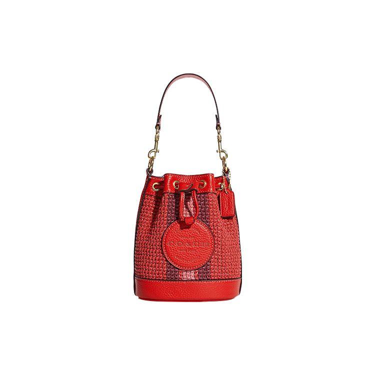 Coach Dempsey 14 Logo Embellished Drawstring Woven Quilted Straw And Leather Bucket Bag Women Bags Miami-Red C9955-IMR32