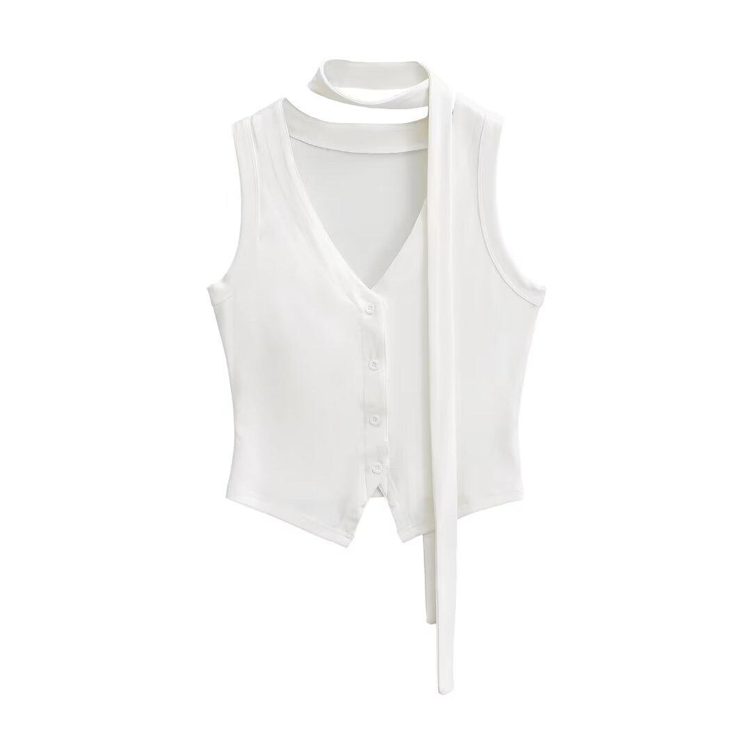Retro Spicy Girl V-Neck Waist-Cinching Sleeveless Turtleneck Top Small белый