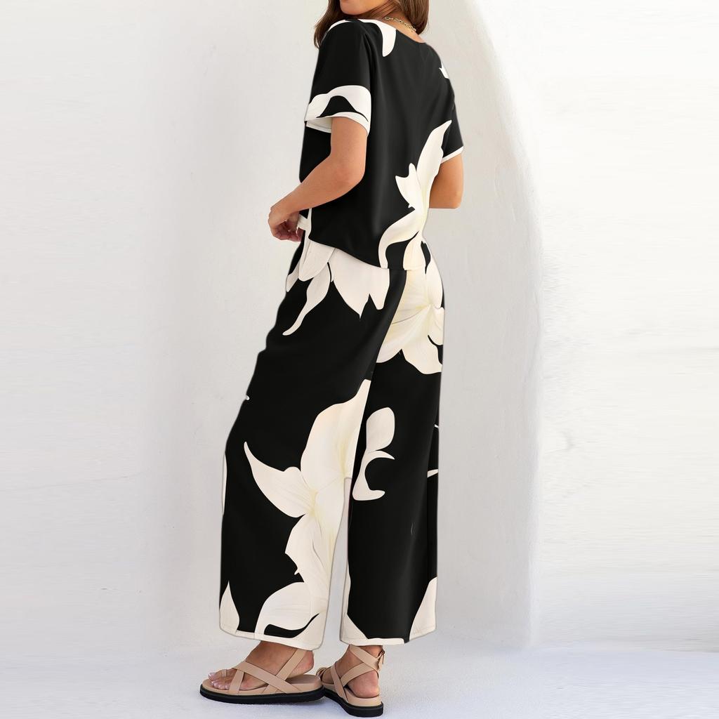 Women's Casual Vacation V-Neck Sleeve Top And Trousers Fashion Print Two Piece Set