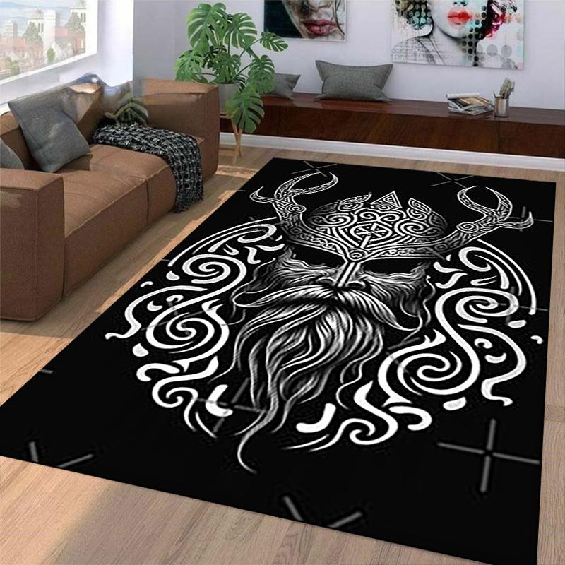 Viking Warrior Carpet - Black Nordic Pattern with Tribal Helmet Design Suitable for use as an anti-slip for living room bedroom sofas