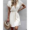 Women's Summer Dress, Spring and Summer Solid Color Short Sleeve Lace V-neck Waist-fitted Dress Casual Drawstring Waist Vacation Dress