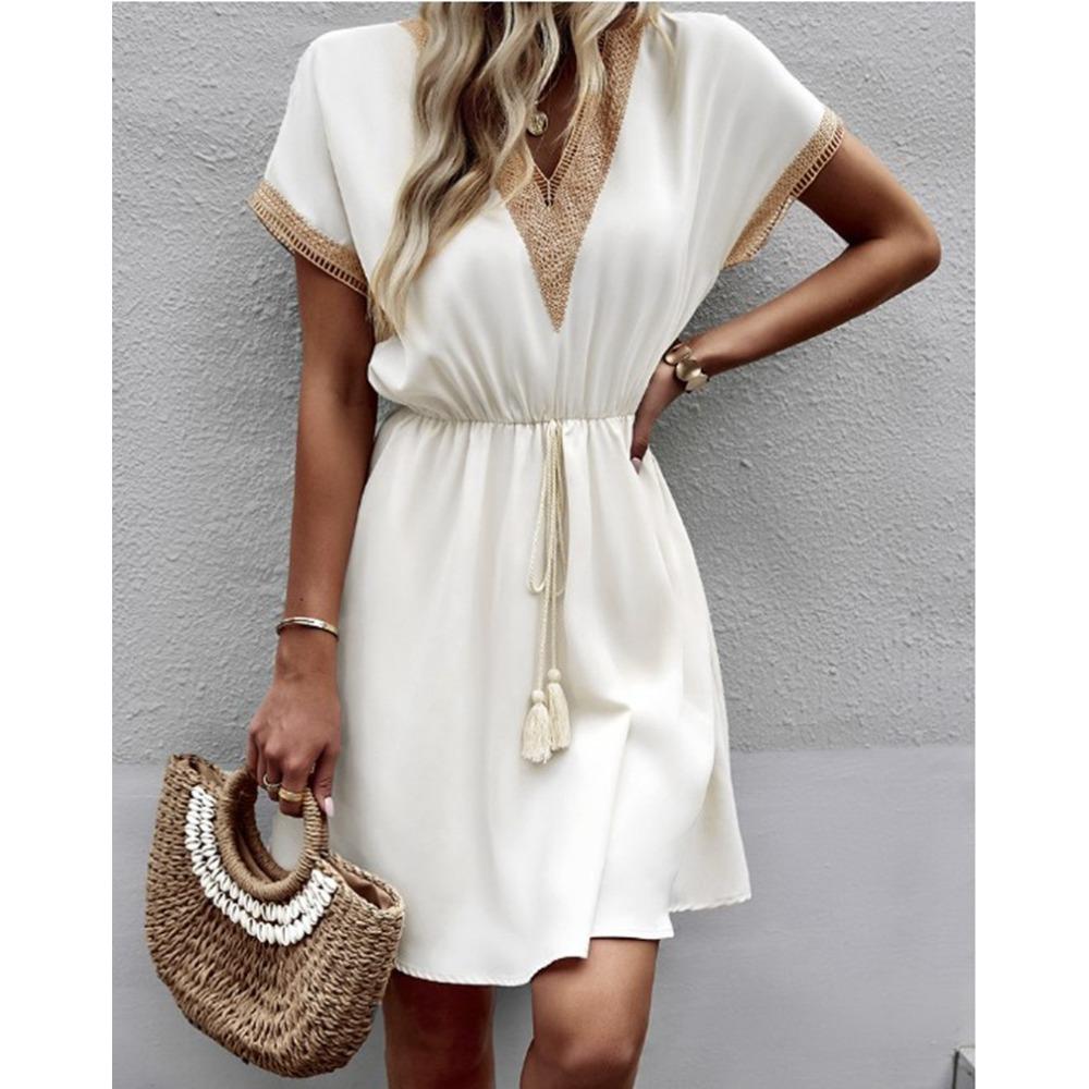 Women's Summer Dress, Spring and Summer Solid Color Short Sleeve Lace V-neck Waist-fitted Dress Casual Drawstring Waist Vacation Dress